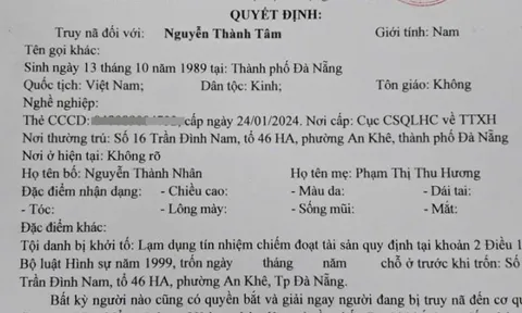 Quyết định truy nã Nguyễn Thành Tâm SN 1989